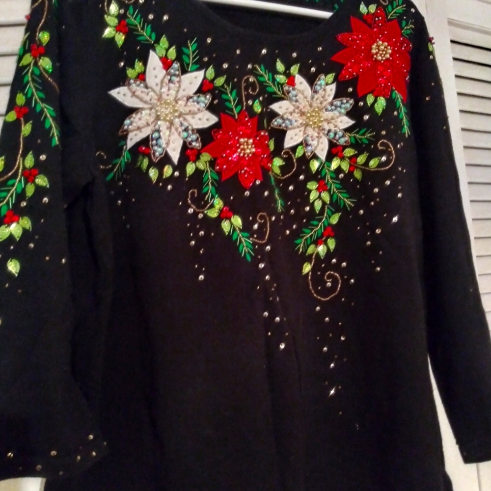 Black Christmas Sweater with Poinsettias XL